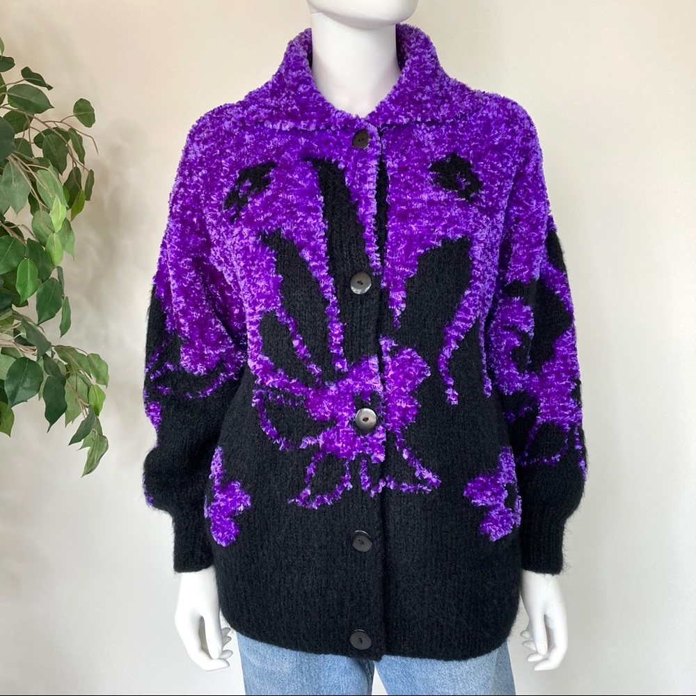 Vintage chenille floral chunky cardigan sweater